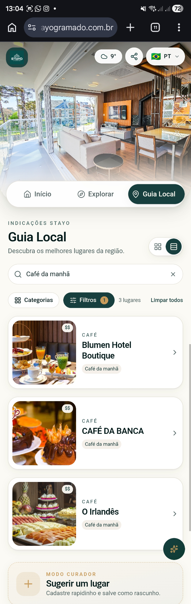 Prévia do Guia Stayo no celular do hóspede